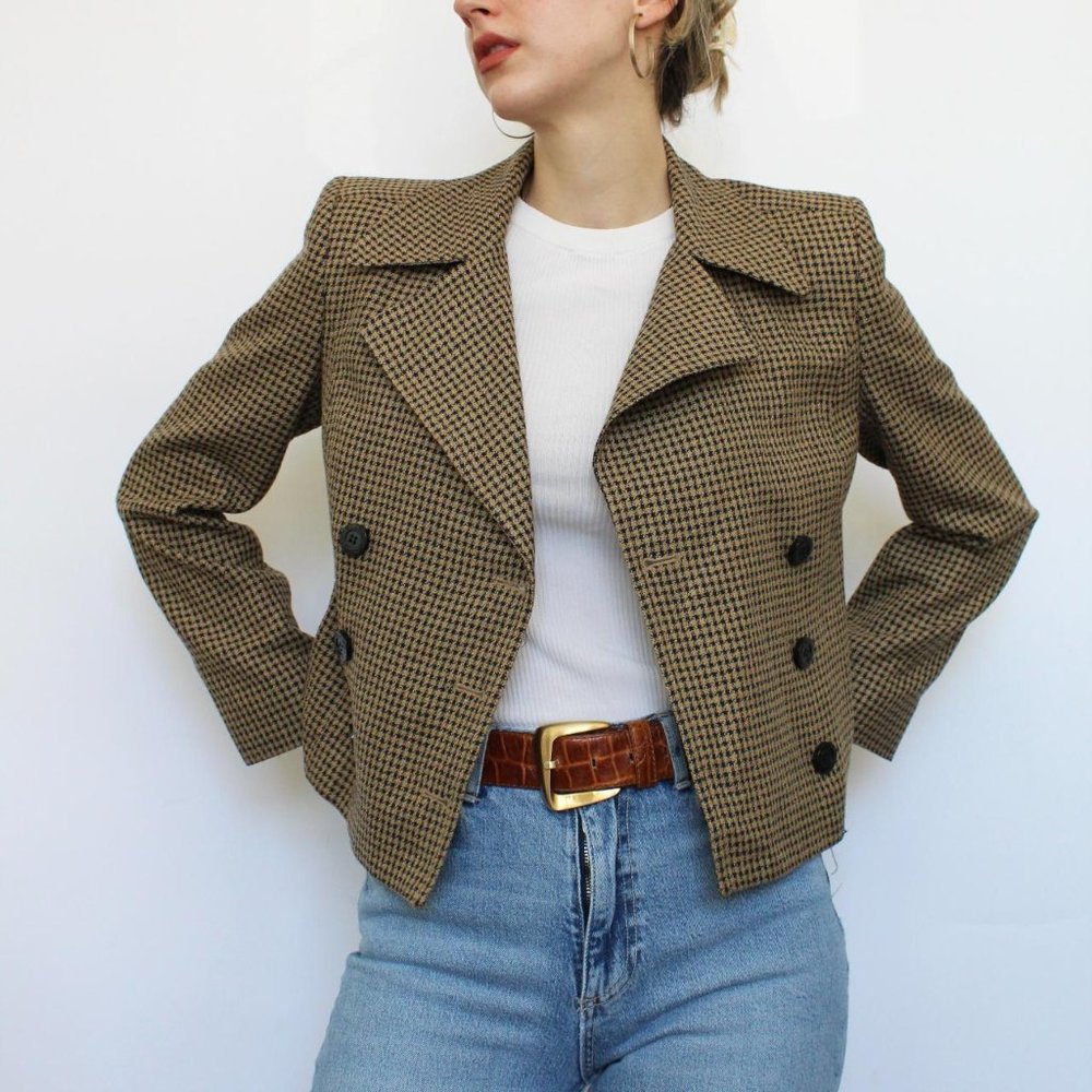 Vintage Cropped Tan and Navy Check Blazer by Linda Allard Ellen Tracy